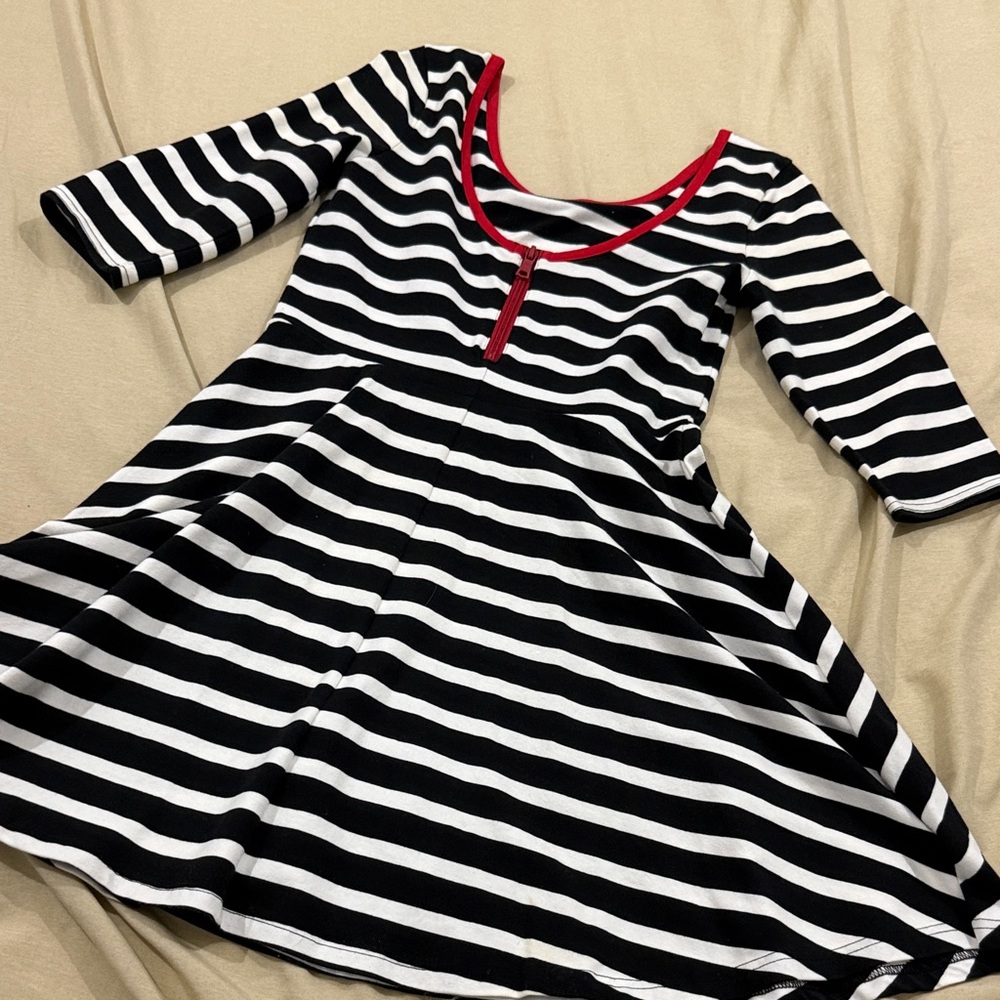 Express Black and White Striped Kids Dress with Red Trim